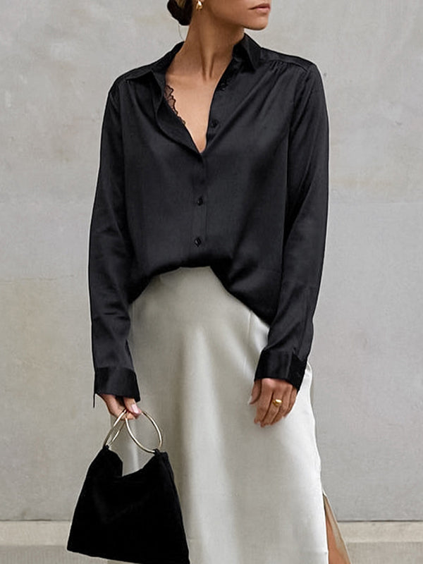 Solid Color Split-Joint Long Sleeves Loose Lapel Blouses
