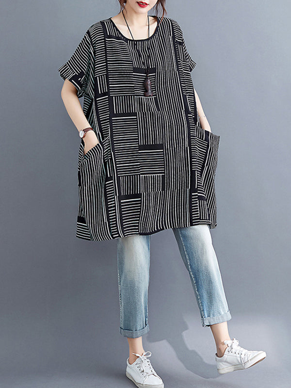 Plaid Striped Loose Short Sleeves Round-Neck T-Shirts Tops