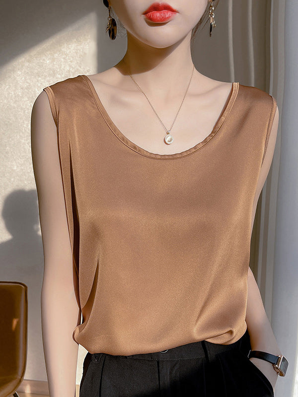 Solid Color Loose Sleeveless Round-Neck Vest Top