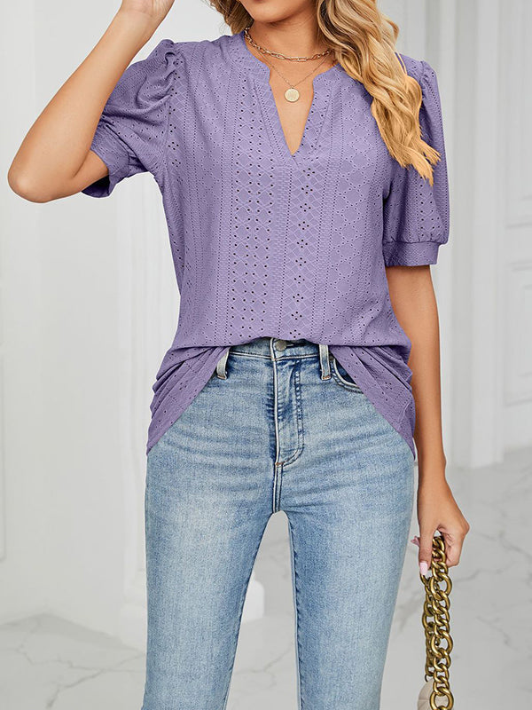 Hollow Solid Color Bishop Sleeve Loose V-neck T-Shirts Tops