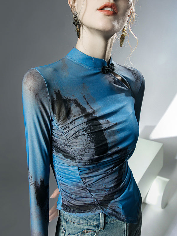 Asymmetric Hollow Mesh See-Through Wash Painting Long Sleeves Plus Size Mock Neck T-Shirts Tops