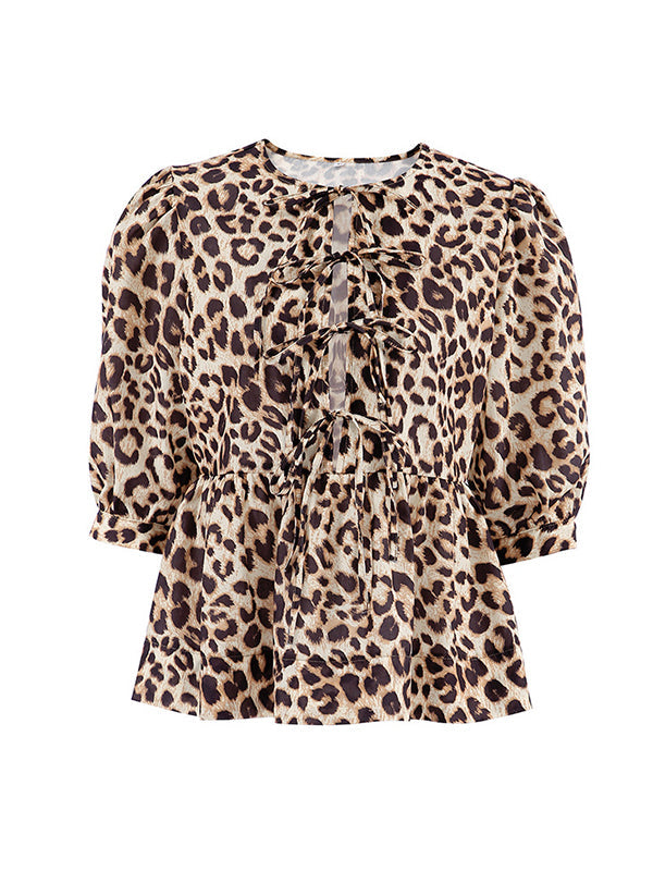 Elasticity Leopard Pleated Split-Joint Tied Half Sleeves Loose Round-Neck Blouses&Shirts Tops