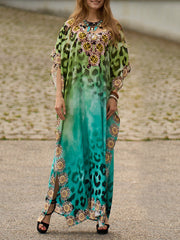 Leopard Printed Split-side Batwing Sleeves Loose V-neck Maxi Dresses Beach Cover-Up
