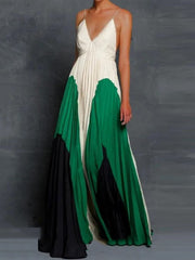 Contrast Color Pleated Printed Split-Joint Loose Sleeveless Spaghetti-Neck Maxi Dresses