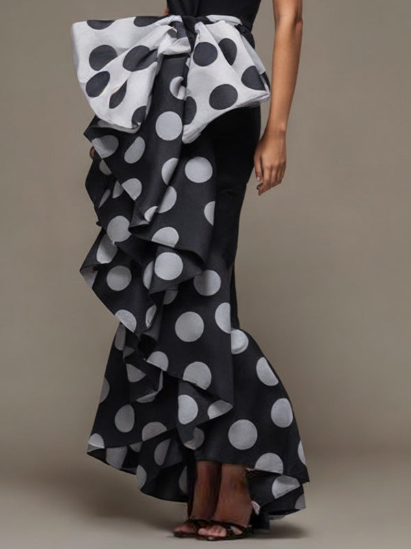 Bow-Embellished Pleated Polka-Dot Split-Joint Skinny Sleeveless Tube Maxi Dresses