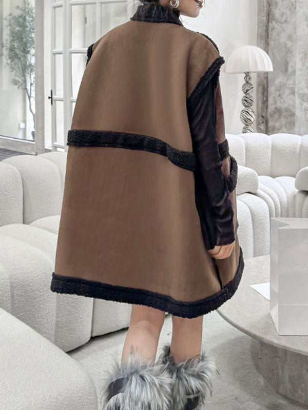 Buttoned Contrast Color Pockets Reversible Velvet Loose Sleeveless Stand Collar Vest Outerwear