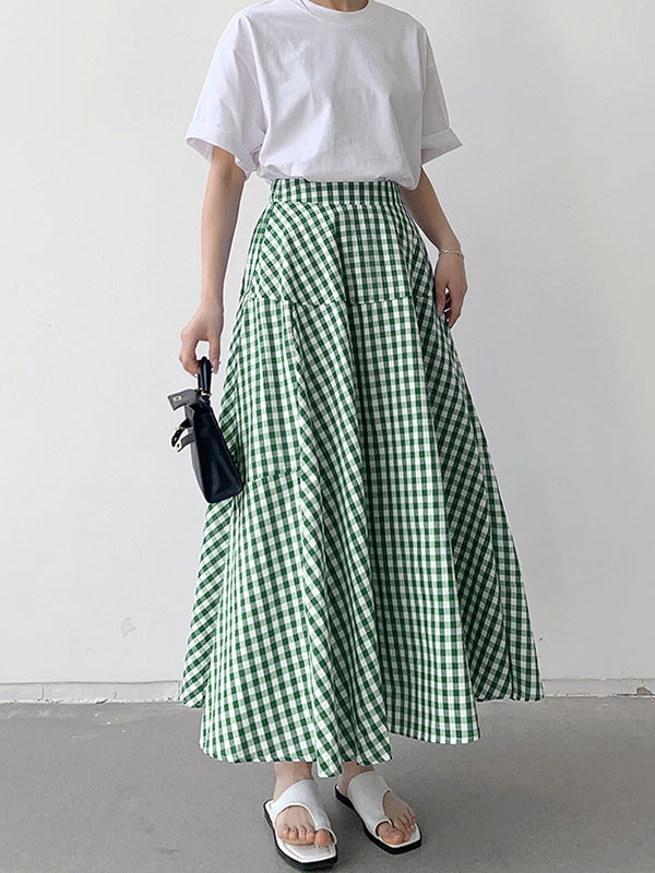 Elasticity Plaid Split-Joint A-Line High Waisted Skirts