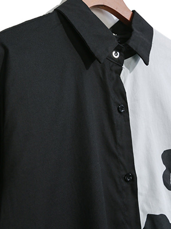 Tide Splicing Characters Print Long Lapel Shirt