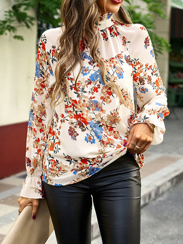 Elasticity Flower Print Flared Sleeves Long Sleeves Round-Neck Blouses&Shirts Tops