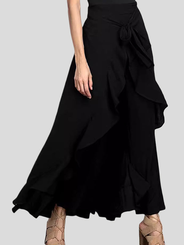 Ruffle Trim Solid Color Split-Joint Tied Waist Zipper Loose Culotte