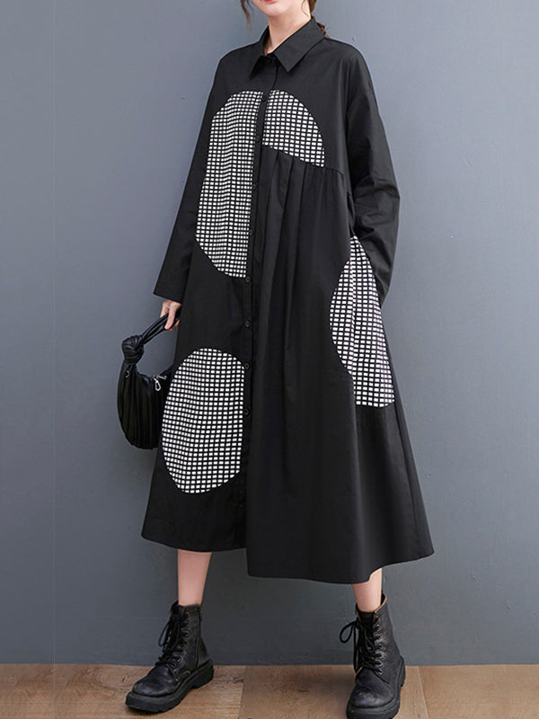 Vintage Loose Long Sleeves Buttoned Printed Polka-Dot Lapel Collar Midi Dresses