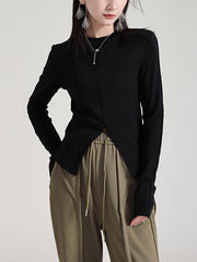 Solid Color Split-front Long Sleeves Skinny Round-neck T-Shirts Tops