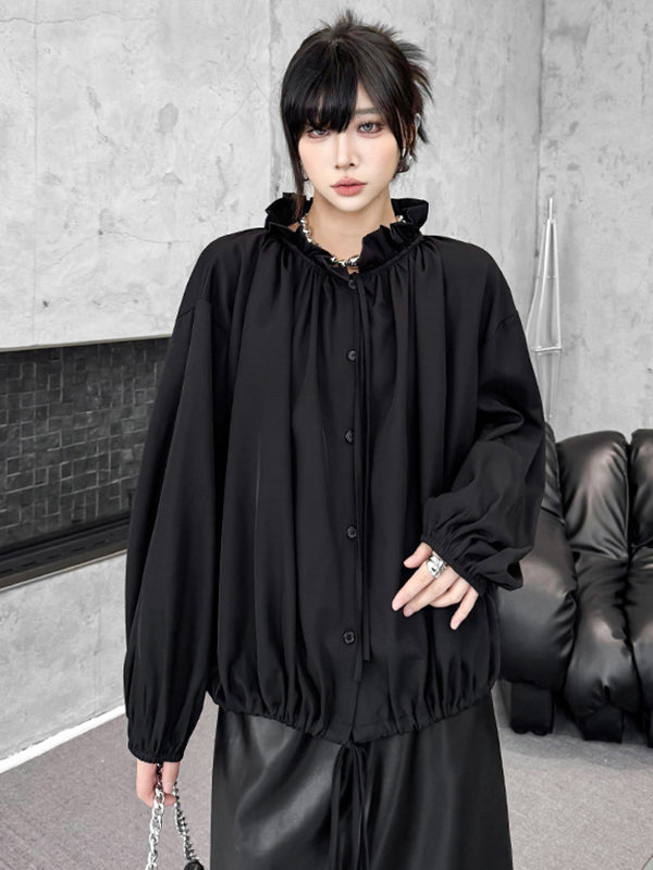 Drawstring Pleated Pullover Design Solid Color Long Sleeves Loose Lace Collar Blouses&Shirts Tops