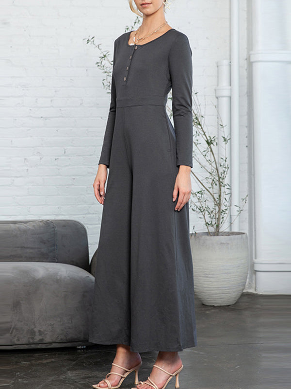 Buttoned Solid Color High Waisted Long Sleeves Round-Neck Jumpsuits