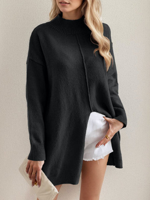 Solid Color Split-Front Split-Joint Long Sleeves Loose Mock Neck Sweater Tops