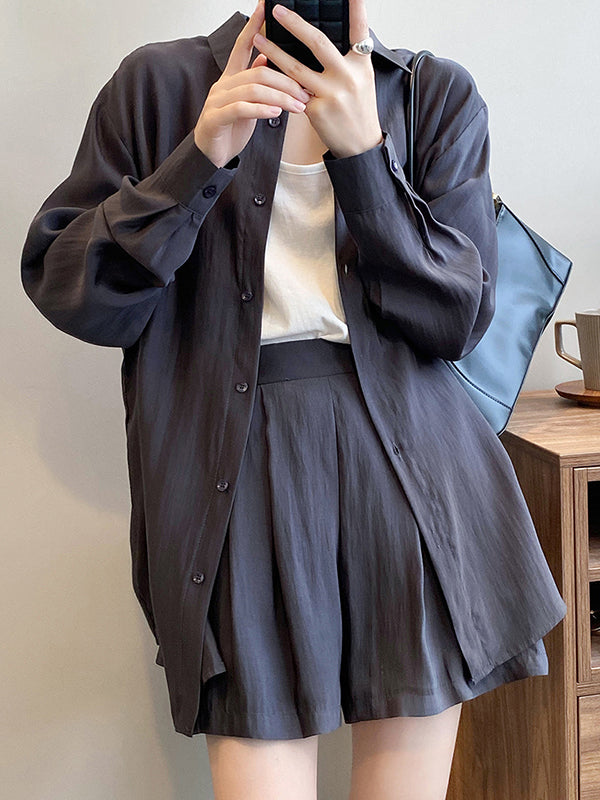 Loose Solid Color Long Sleeves Blouse + Pleated Shorts Two Pieces Set
