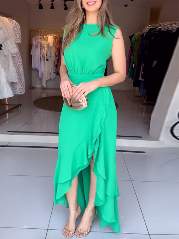 Solid Color Split-Front Skinny Sleeveless Stand Collar Maxi Dresses