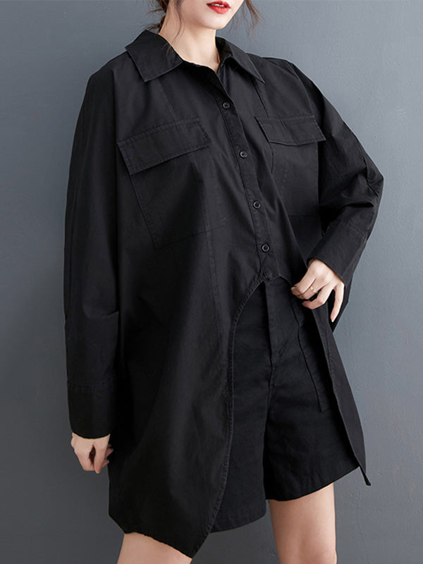 Casual Long Sleeves Irregularity Buttoned Solid Color Lapel Collar Blouses&Shirts Tops