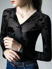 Asymmetric Buttoned Flower Print Mesh See-Through Flared Sleeves Long Sleeves V-neck Blouses&shirts Tops