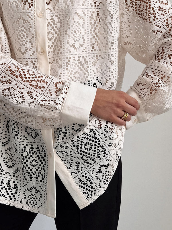 Buttoned Hollow See-Through Solid Color Sun Protection Long Sleeves Loose Lapel Collar Blouses&Shirts Tops