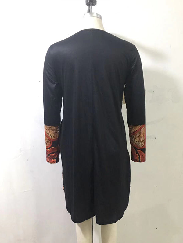 Casual Loose Long Sleeves Contrast Color Printed Round-Neck Mini Dresses
