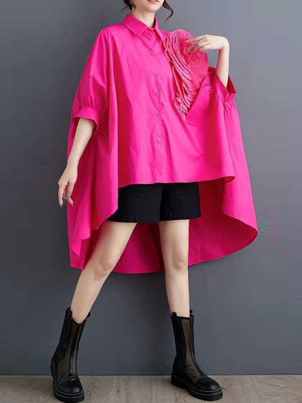 Asymmetric Buttoned Pleated Solid Color Three-Dimensional Flower Batwing Sleeves Half Sleeves Lapel Blouses&Shirts Tops