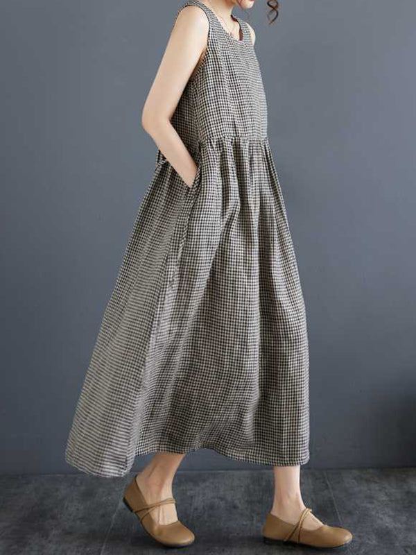 Drawstring Elasticity Plaid Pockets A-Line Loose Round-Neck Midi Dresses