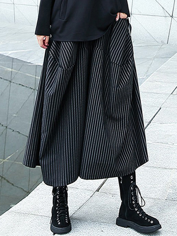 Elasticity Pockets Striped High Waisted Loose Pants Culotte