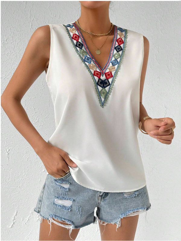Embroidered Split-Joint Loose Sleeveless V-Neck Vest Top