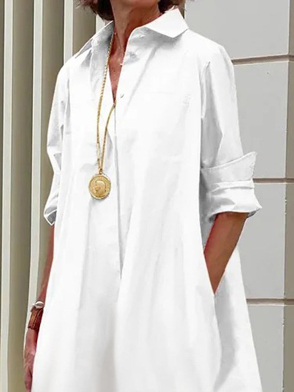Pleated Ruffled Solid Color Split-Joint Long Sleeves Loose Lapel Shirt Dress Midi Dresses