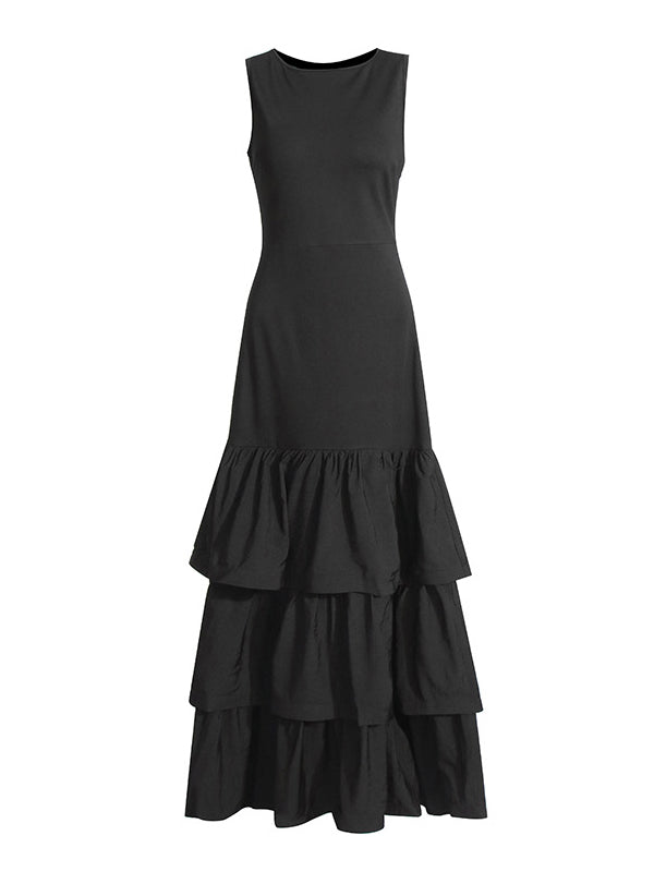 Layered Pleated Solid Color Split-Joint Zipper Bodycon High Waisted Round-Neck Maxi Dresses