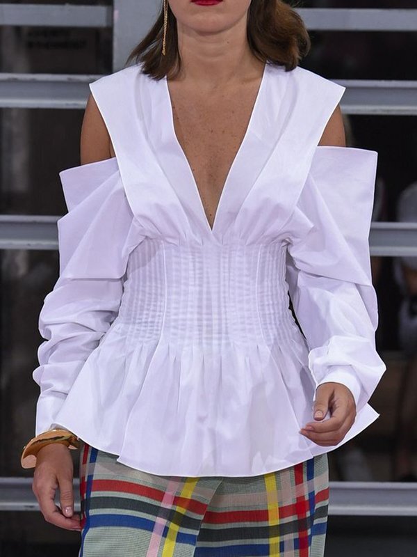Hollow Pleated Solid Color Long Sleeves Cold shoulder Blouses&shirts Tops