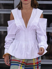 Hollow Pleated Solid Color Long Sleeves Cold shoulder Blouses&shirts Tops