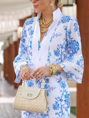 Flower Print Split-Joint Split-side Flared Sleeves Loose Deep V-Neck Midi Dresses