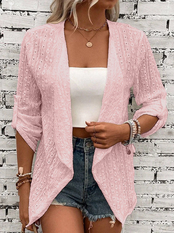 Buttoned Hollow Jacquard Solid Color Long Sleeves Loose Collarless Outerwear