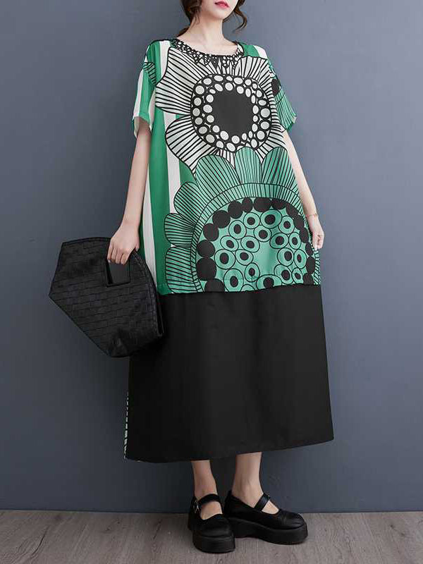 Flower Print Pockets Split-Joint A-Line Loose Round-Neck Midi Dresses