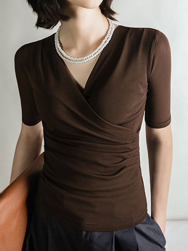 Pleated Solid Color Half Sleeves Skinny V-Neck T-Shirts Tops