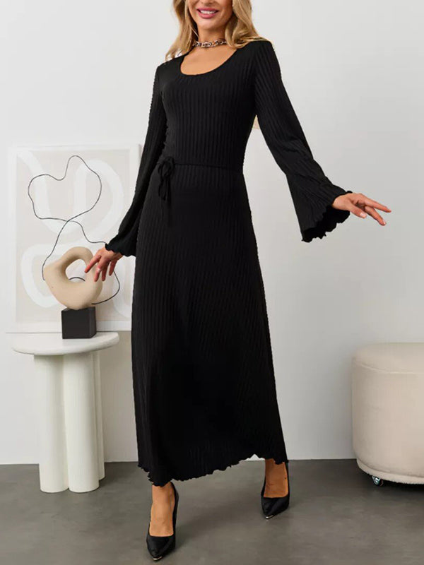 Pleated Ruffled Solid Color Split-Joint Long Sleeves Round-neck Maxi Dresses