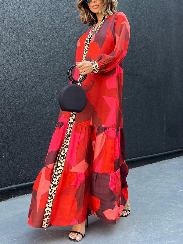 Leopard Pleated Printed Split-Joint Long Sleeves Loose V-Neck Maxi Dresses