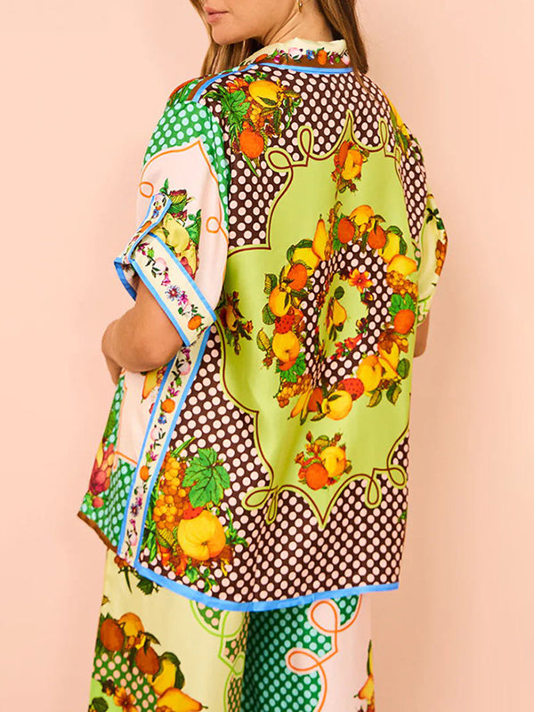 Contrast Color Floral Printed Loose Short Sleeves Lapel Shirt Top&Pants Two Pieces Set