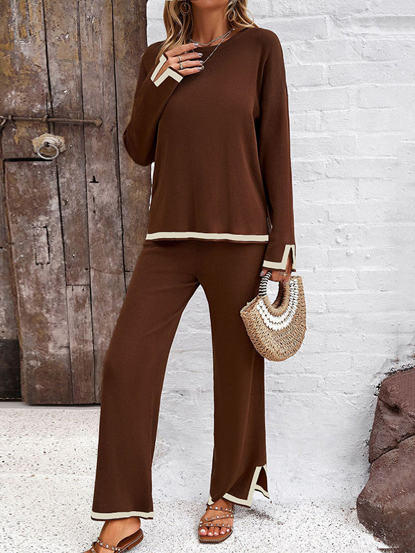 Contrast Color Long Sleeves Split-Joint Split-Side Round-Neck High-Low Sweater Tops +  Pants Bottom Two Pieces Set