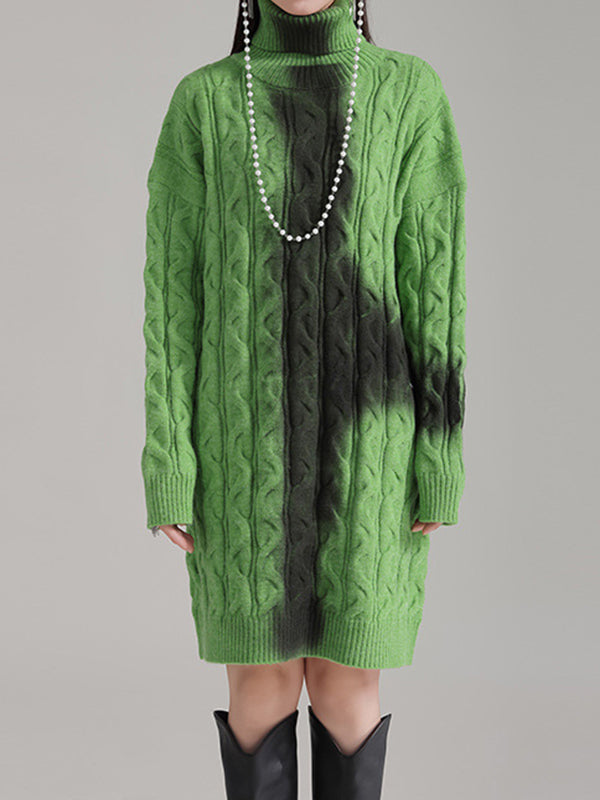 Contrast Color Long Sleeves Loose High Neck Sweater Dresses Mini Dresses