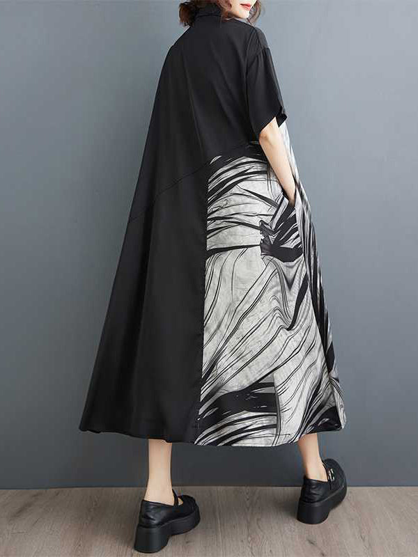 Asymmetric Buttoned Pockets Split-Joint A-Line Loose Lapel Shirt Dress Midi Dresses