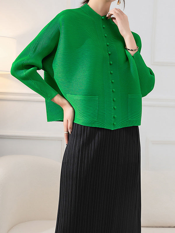 Buttoned Pleated Pockets Solid Color Long Sleeves Loose Round-Neck Outerwear