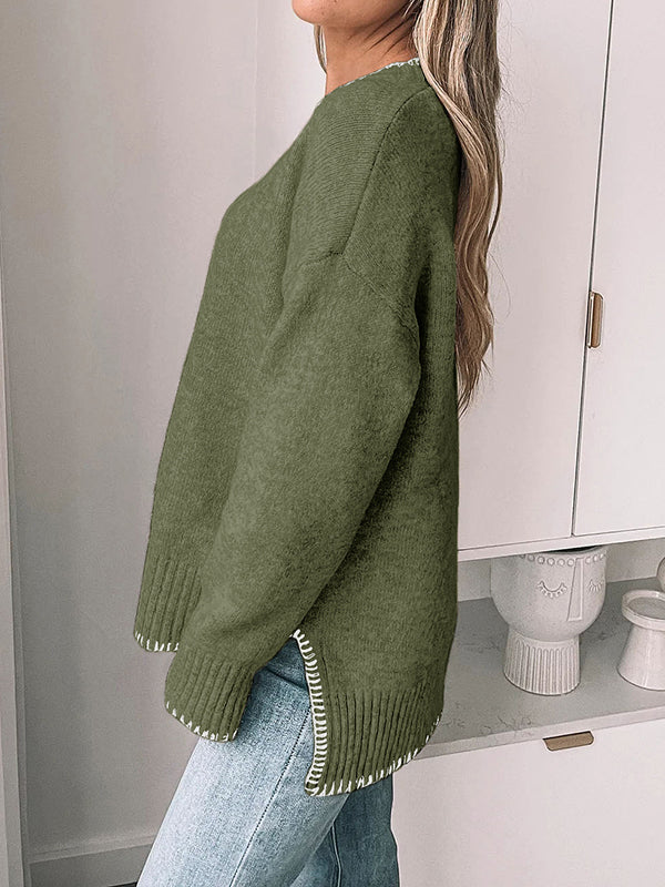 Split-Joint Split-Side High-Low Long Sleeves Round-Neck Sweater Tops Pullovers