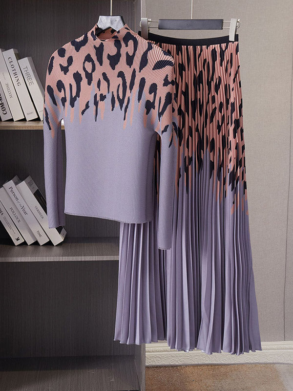 Printed Long Sleeves Mock Neck T-Shirt Top + Pleated A-Line Skirts Bottom Two Pieces Set