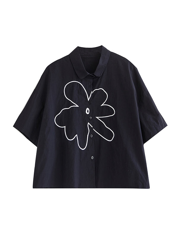 Floral Printed Loose Short Sleeves Lapel Blouses