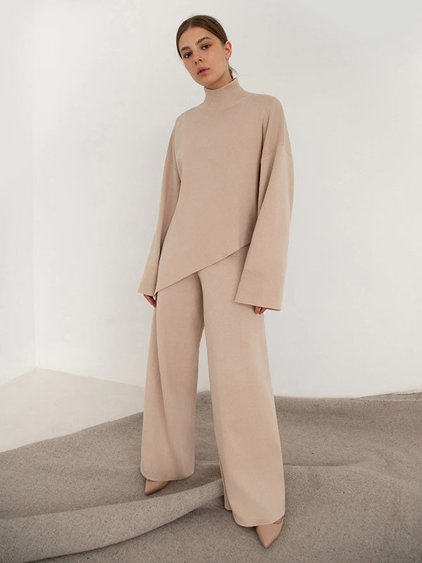 Casual Solid Color Irregularity High-Neck Sweater& Wide Leg Pants Suits