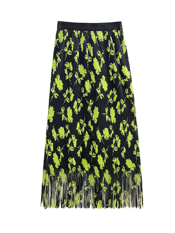 Pleated Printed Split-Joint Tasseled High Waisted H-Line Skirts