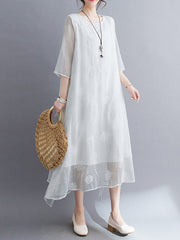Gauze Split-Joint Loose Three-Quarter Sleeves Round-Neck Midi Dresses